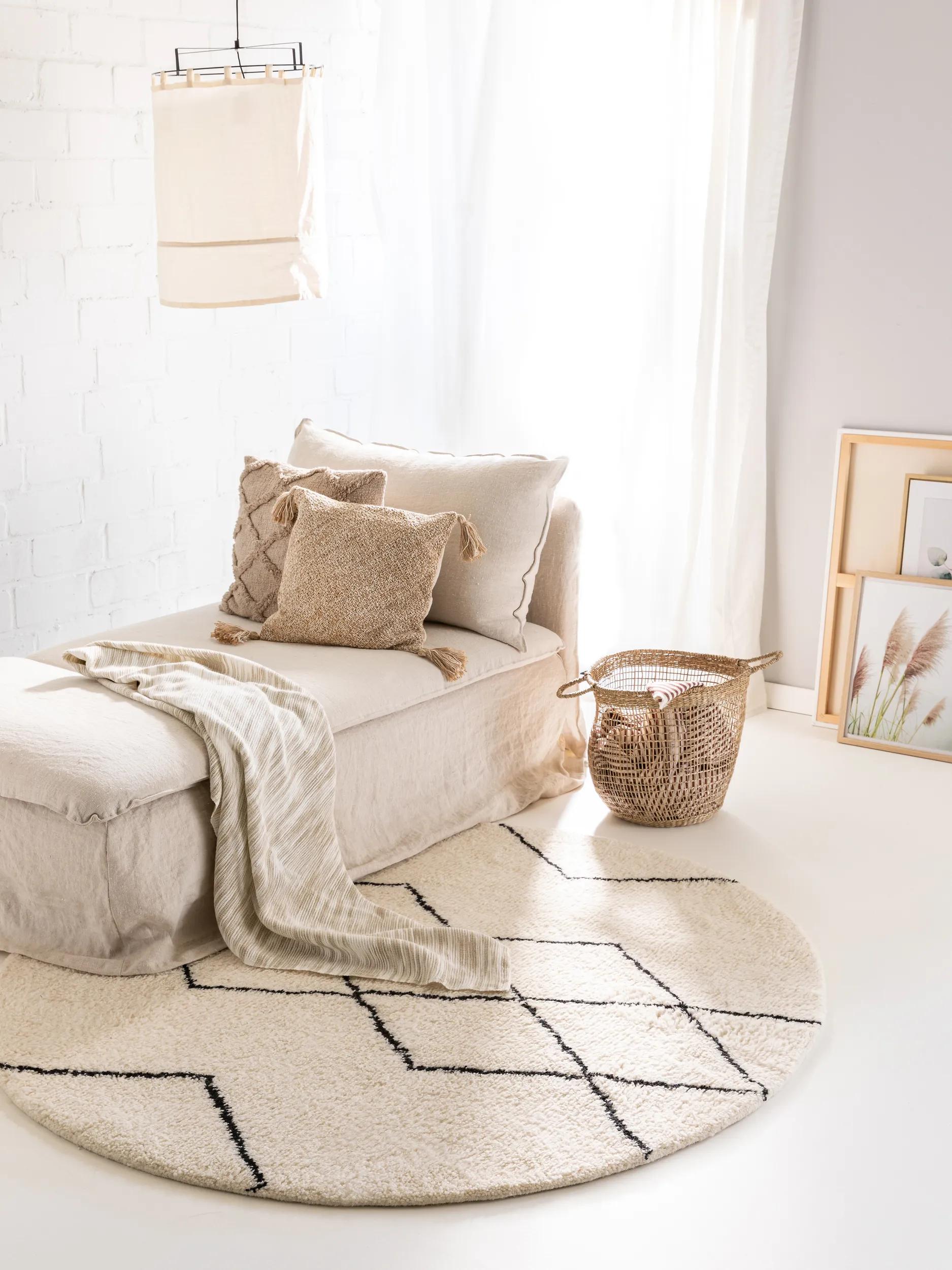 Round Wool Rug Berber Cream