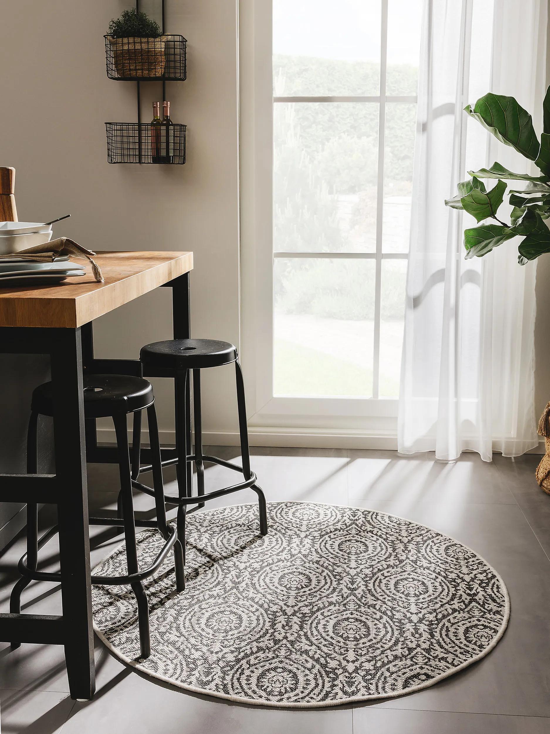 Tapis rond intérieur et extérieur Cleo blanc/noir