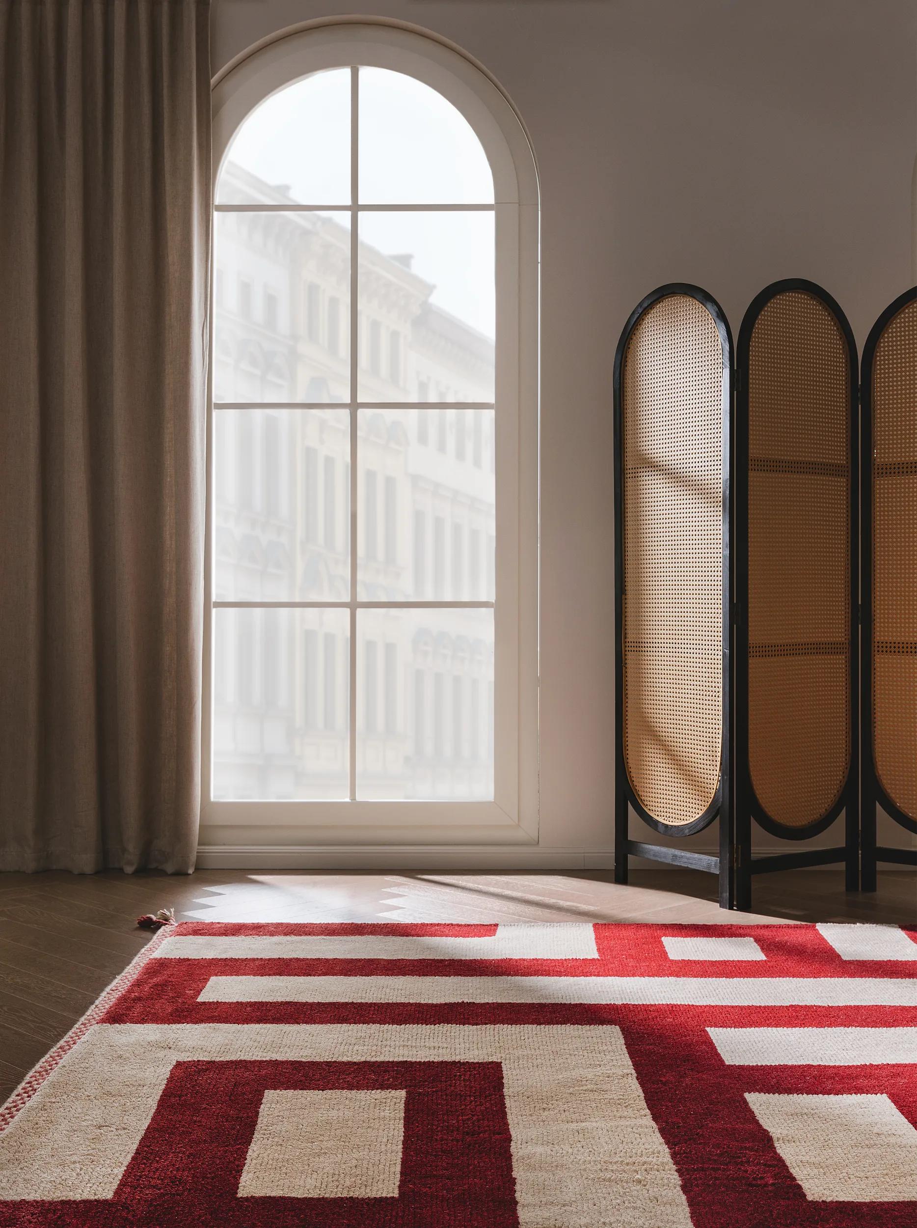 Wool rug Maze Beige/Red