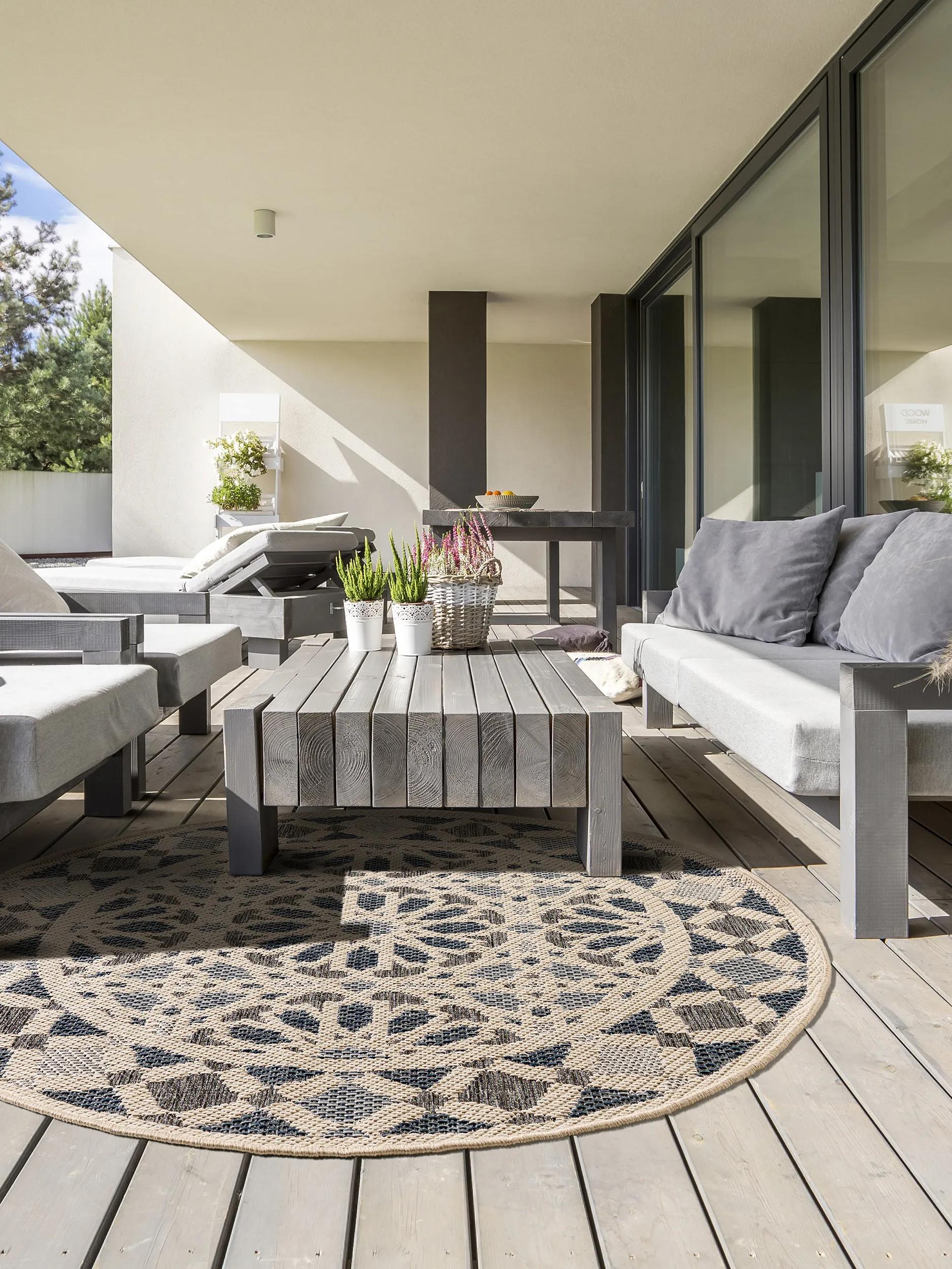 In- & Outdoor Round Rug River Beige/Blue